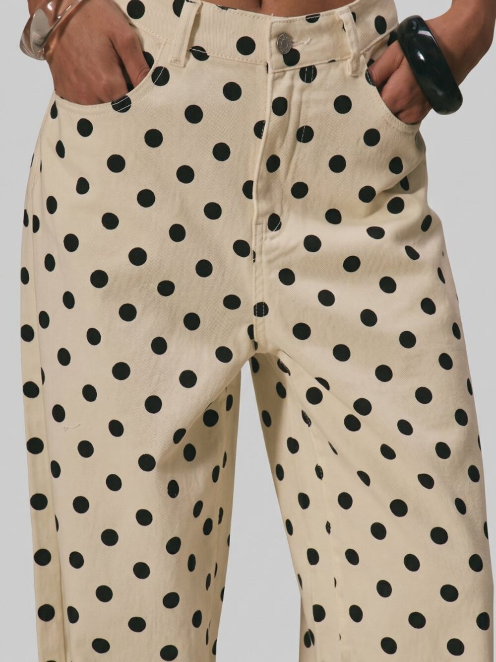 Women Off White Polka Dot Pants Cotton Wide Leg Loose Fit Casual Jeans